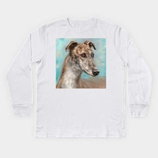 Painting of a Brown Greyhound on Bluish Background Kids Long Sleeve T-Shirt